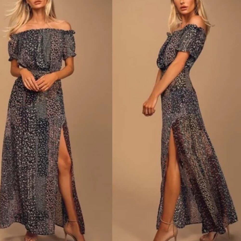 Lulus Off-the-Shoulder Maxi Dress Navy Blue Floral Print Size S